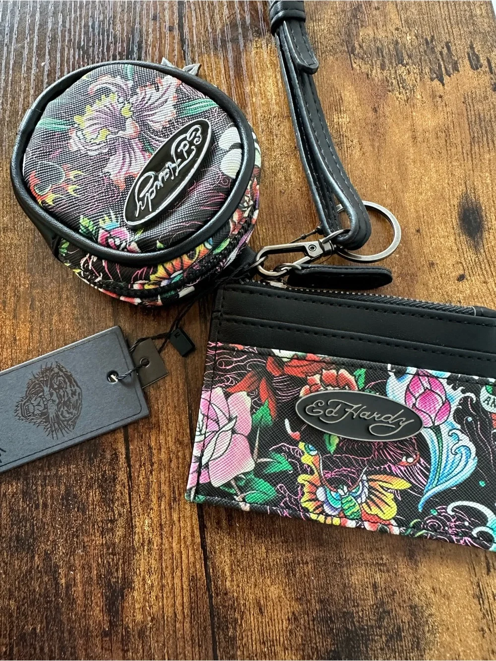 Ed Hardy 3 Piece Black Floral Tattoo Print Cardholder & Round Coin Pouch Set NWT